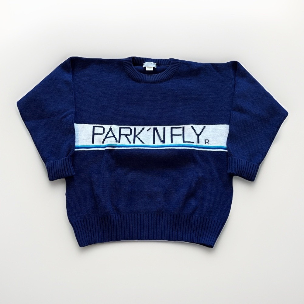 Vintage Park'n Fly Sweater Mens L Knit Crewneck Pullover Blue‎ Acrylic Airplane